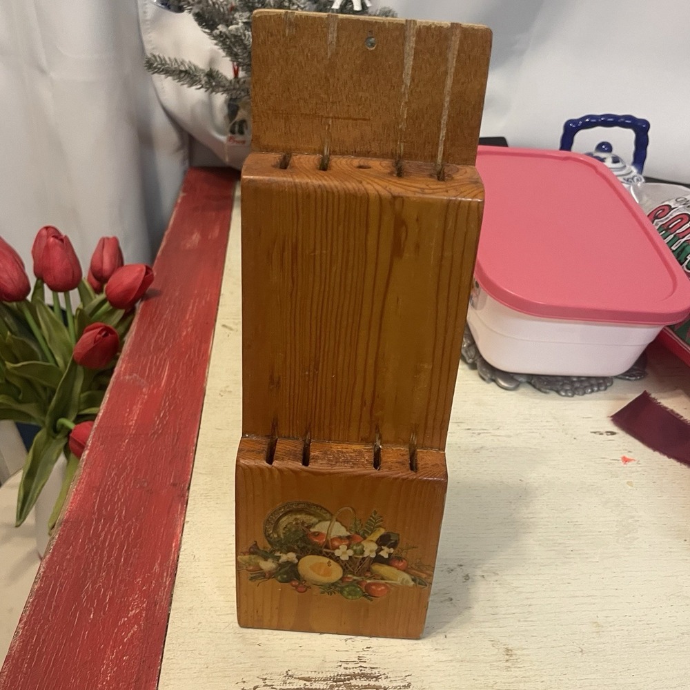 Vintage Wooden Knife Block with Fruit Decal, 1940's or 1950's Knife Block